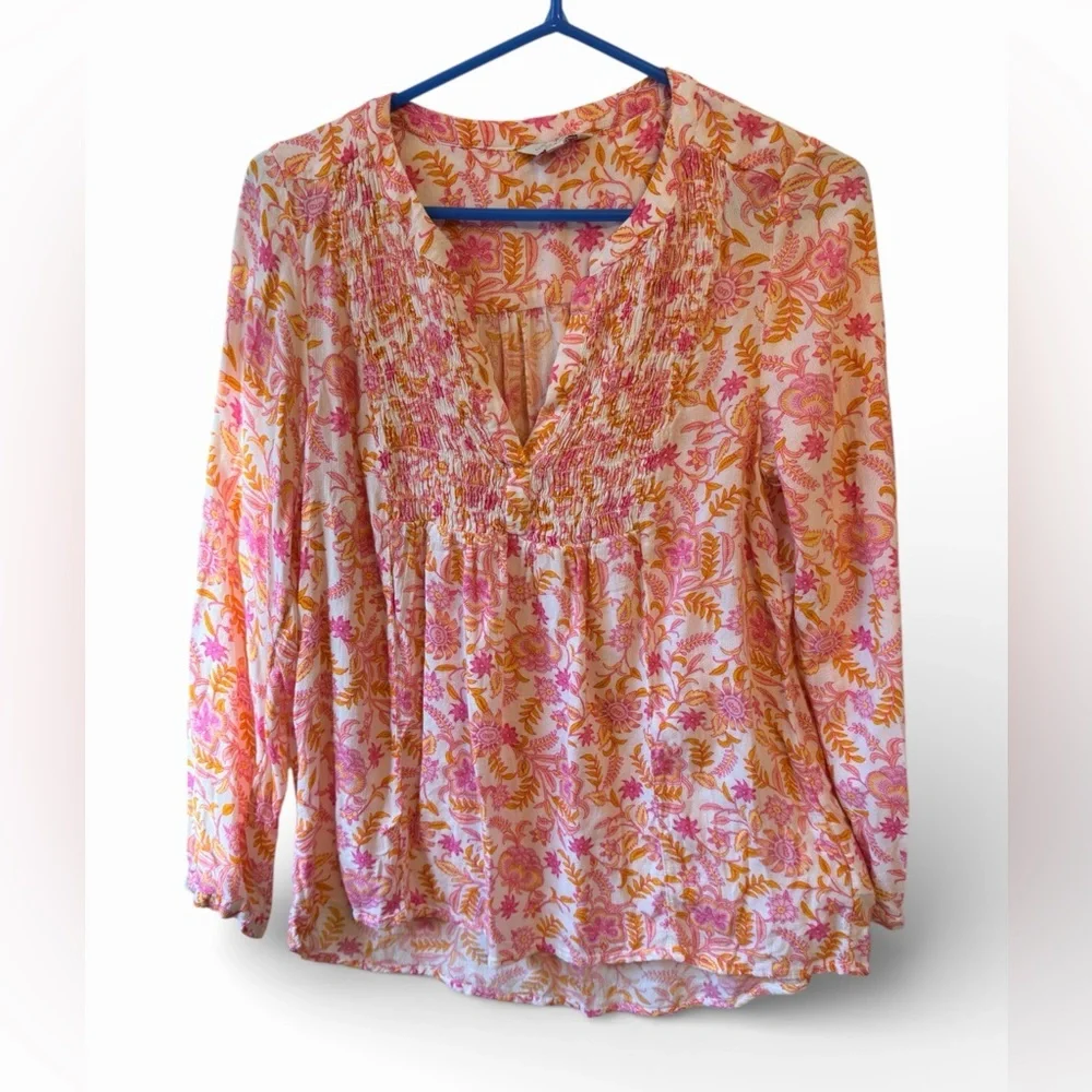 Lucky Brand Floral V Neck Blouse Pink Orange Women’s Medium